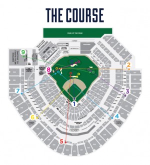 The tee boxes and pin locations for the 9-hole Links at Petco Park. Photo courtesy: San Diego Padres.