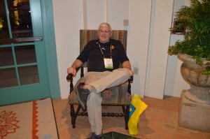 Steve Dugas, CSFM at the University of Southern California, Los Angeles, takes a load off at the end of a long day of hitting the exhibition room floor.