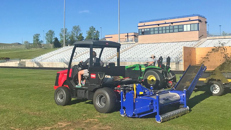 Sun Roesslein is fraze mowing the field at North Area Athletic Complex in Arvada, Colo. (Photo: Christi Clay)
