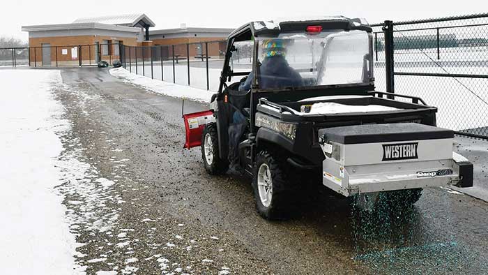 Western Products' new 2.5 cubic-foot and 6.0 cubic foot drop spreaders come standard with three mounting systems to fit most UTVs, compact tractors or wheel loaders. (Photo: Western Products)