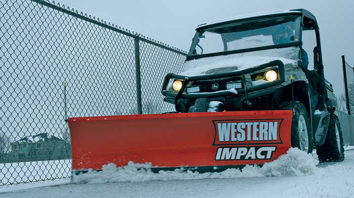 Western Products' Impact mid-duty UTV plow features hydraulic positioning and comes in 5-foot-6-inch and 6-foot widths. (Photo: Western Products)