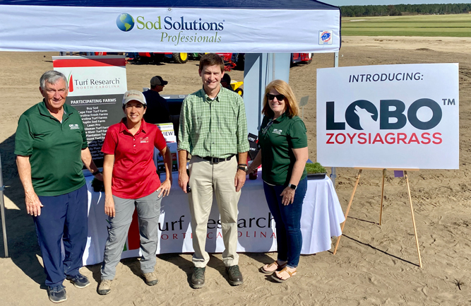 Art Bruneau (Executive Director of NC Sod Producers Association), Dr. Susana Milla-Lewis (NC State), Dr. Grady Miller (NC State) and Linda Bradley (President of NCSPA) at the Lobo Zoysiagrass release at the NC Sod Producers Association Fall Field Day. (Photo courtesy of Sod Solutions)