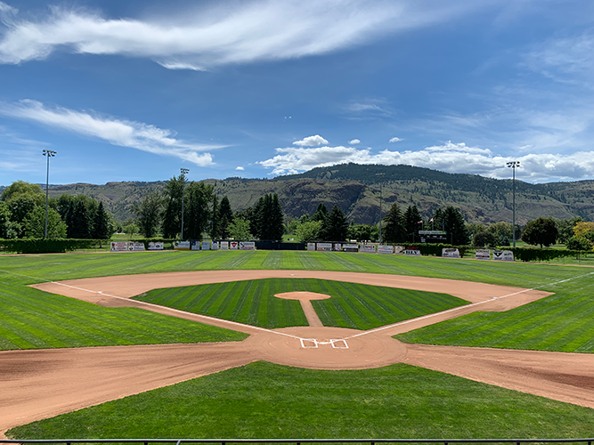 The field at Norbrock Stadium in Kamloops, British Columbia, Canada. Norbrock won the 2021 SFMA Field of the Year award in the schools & parks, baseball category.