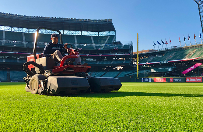 Seattle Mariners Director of Grounds Kevin Dvorak rides a Toro Sidewinder, mowing the outfield grass at T-Mobile Park. (Photo Courtesy of Seattle Mariners)