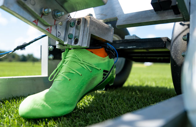 fLEX (field or foot lower extremities) machine to test the turfgrass plots.
Photo: Michigan State University/Nick Schrader